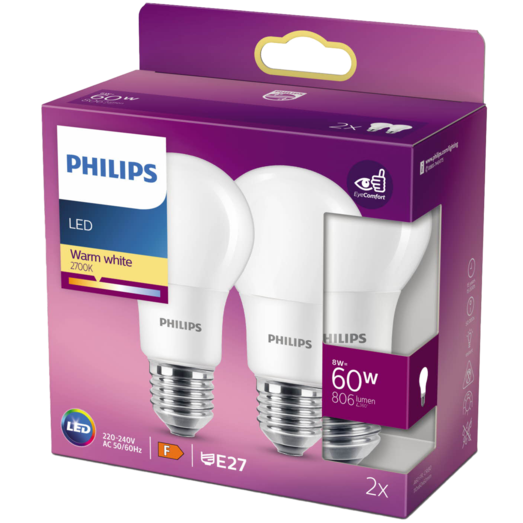 Philips Standard LED pære E27 60W 2 pack