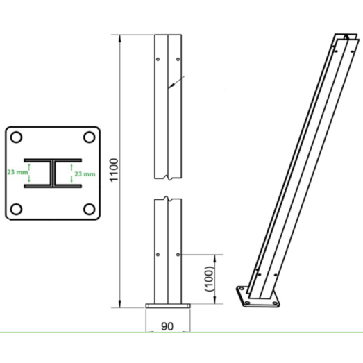 H-stolpe m/fod varmgalvaniseret 23 mm sporbredde