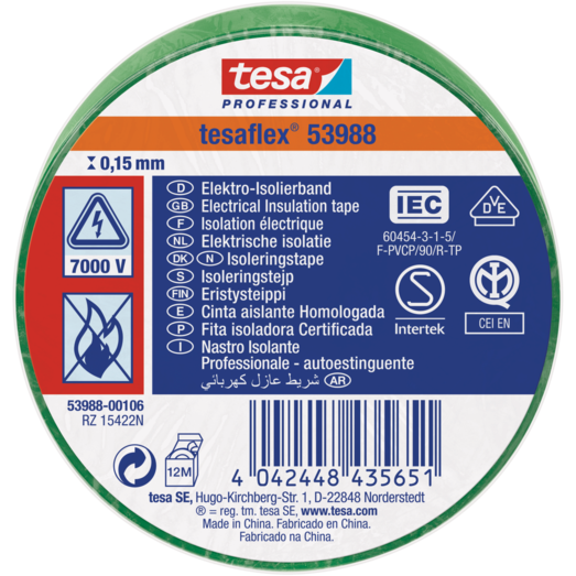 Tesaflex® 53988 isoleringstape 15 mm x 10 m grøn