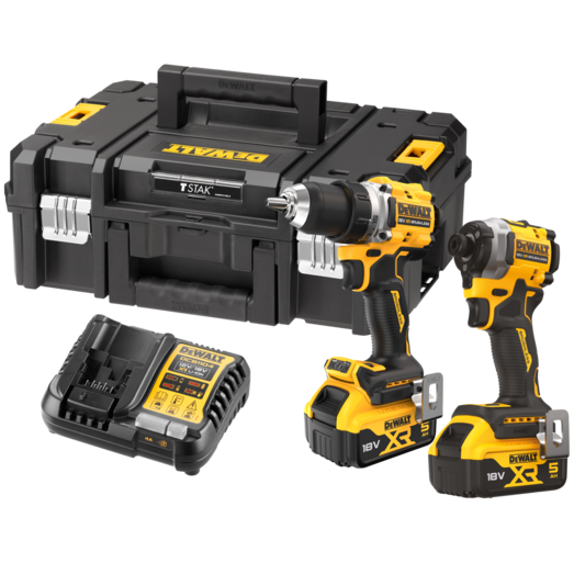 Dewalt DCK2051P2T-QW 18V XR sæt boremaskine, slagskruetrækker 2x5Ah batterier med 4A lader og kuffert