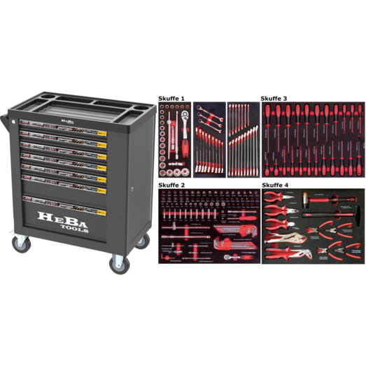 Heba værktøjsvogn med 7 skuffer og sideskab inkl. 183 dele