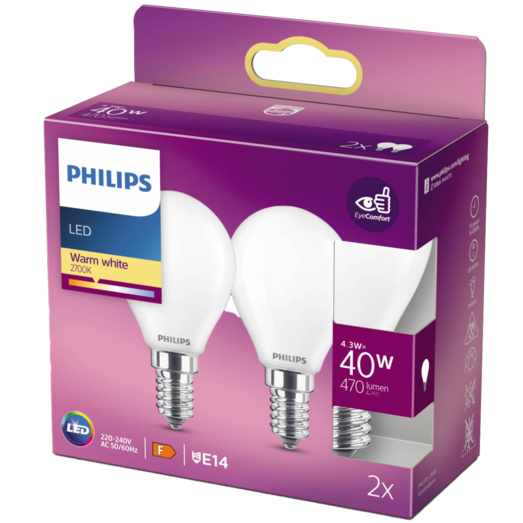 Philips Krone LED pære E14 40W 2 pack